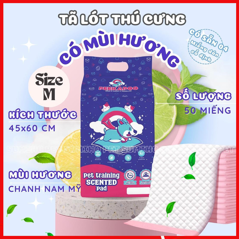 Tã lót cho chó Peekapoo size M 45x60cm (bịch 50 miếng) hương chanh vàng Nam Mỹ hỗ trợ cún cưng đi vệ sinh đúng chỗ