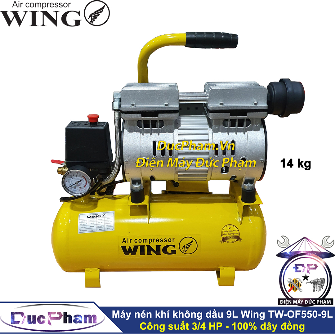 Máy nén khí không dầu giảm âm 9L Wing TW-OF550-9L ( 100% dây đồng ) , máy nén khí mini