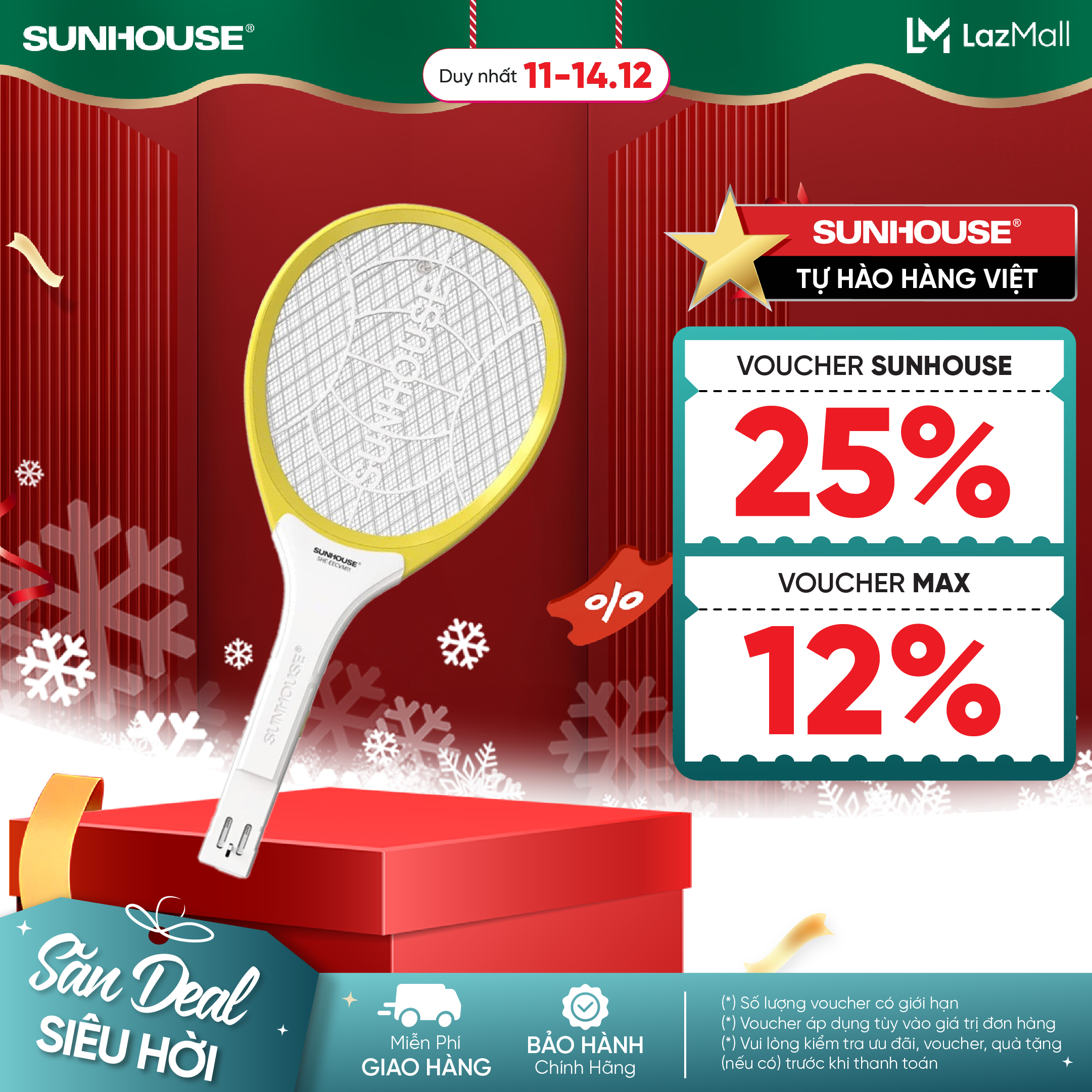  Vợt muỗi Sunhouse SHE-EECVM11 màu vàng 3 lớp tích hợp đèn báo - Nhựa ABS an toàn chống va đập - Hàng chính hãng 