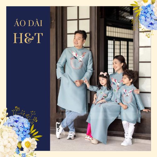 Áo dài gia đình cách tân thêu hồng hạc màu xanh