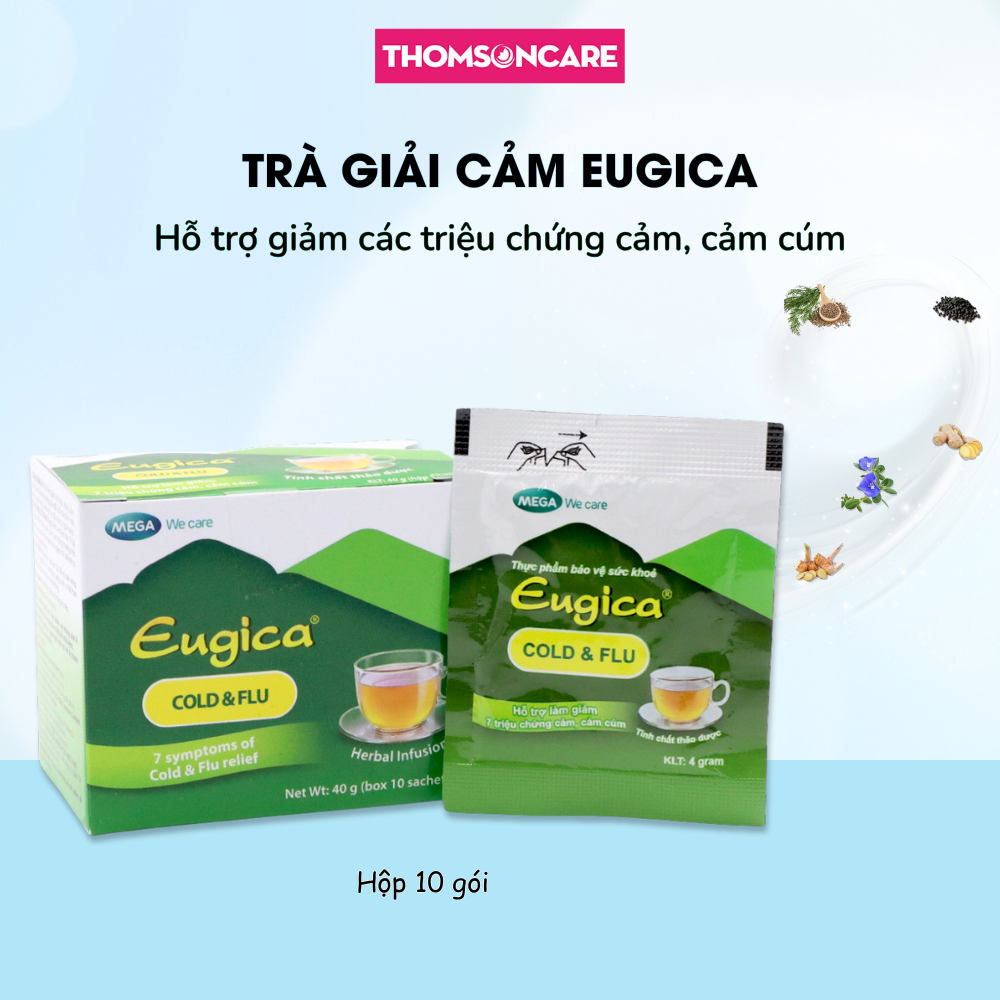 Trà giải cảm eugica từ tinh chất thảo dược hỗ trợ giảm đau đầu, hắt hơi, sổ mũi, đau họng do cảm cúm - hộp 10 gói eugica cold & flu