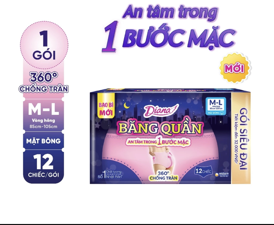 (12 Miếng/Gói) - 1 Gói Băng Vệ Sinh Dạng Quần Diana Sensi Chống Tràn 360 size M-L - Date Mới