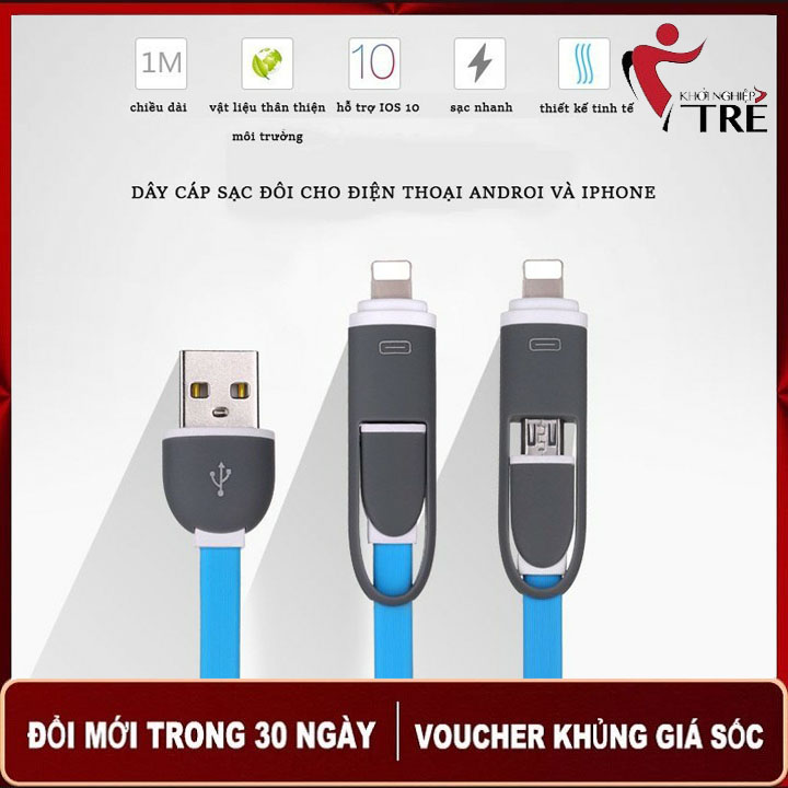 Dây cáp sạc đôi 2 trong 1 cho cả điện thoại iPhone và Androi