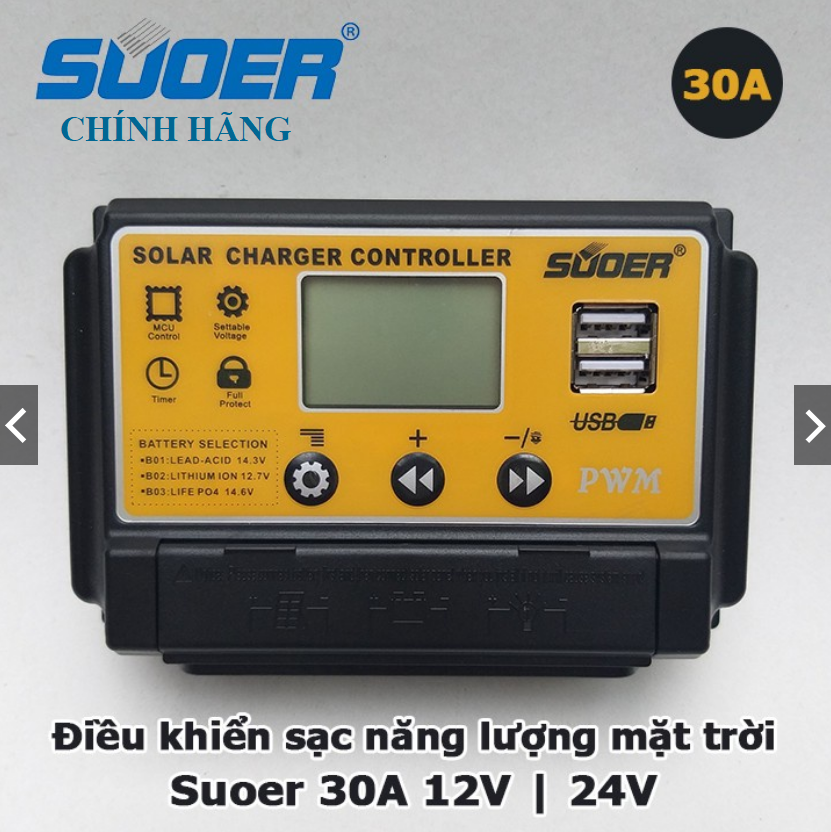 Bộ điều khiển sạc năng lượng mặt trời solar changer controller Suoer ST-S1230 30A 12V 24V