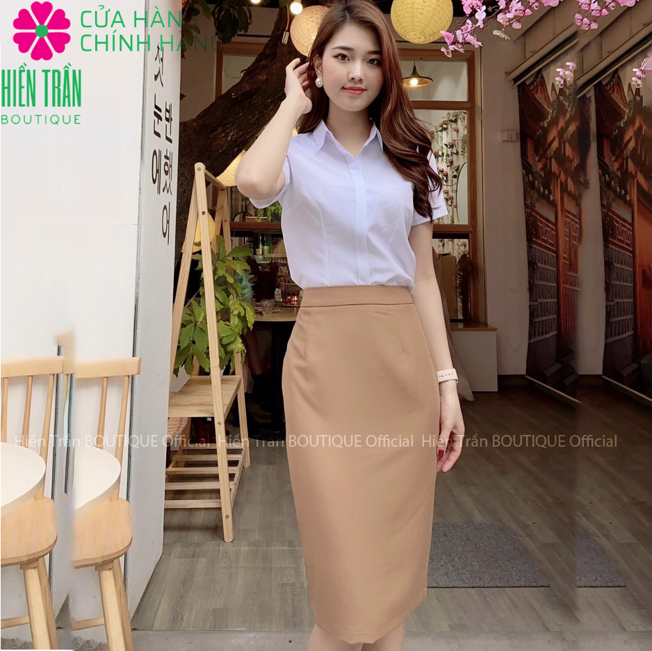 Chân váy bút chì cạp cao Hiền Trần BOUTIQUE, có lớp lót, chân váy công sở form chuẩn, mặc tôn dáng, xẻ sau-Nâu