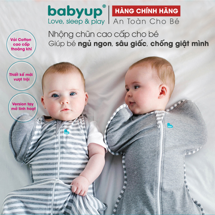 Nhộng chũn cho bé cao cấp Babyup. Giúp bé ngủ ngon, sâu giấc, chống giật mình - Nhộng ngủ Vải cotton co giãn 4 chiều, mềm mại thoáng mát - Có khóa kéo 2 chiều