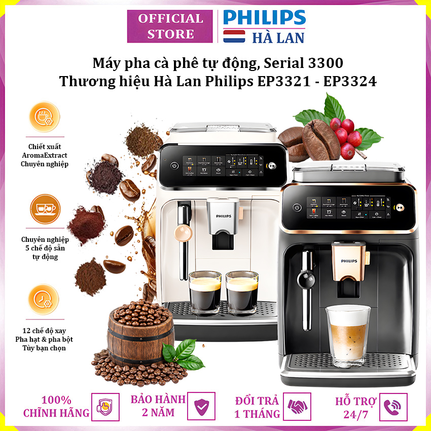 Máy pha cà phê tự động Espresso 5 trong 1 thương hiệu Hà Lan cao cấp Philips EP3321 - EP3324 Serial 3300 - Bảo Hành 24 Tháng