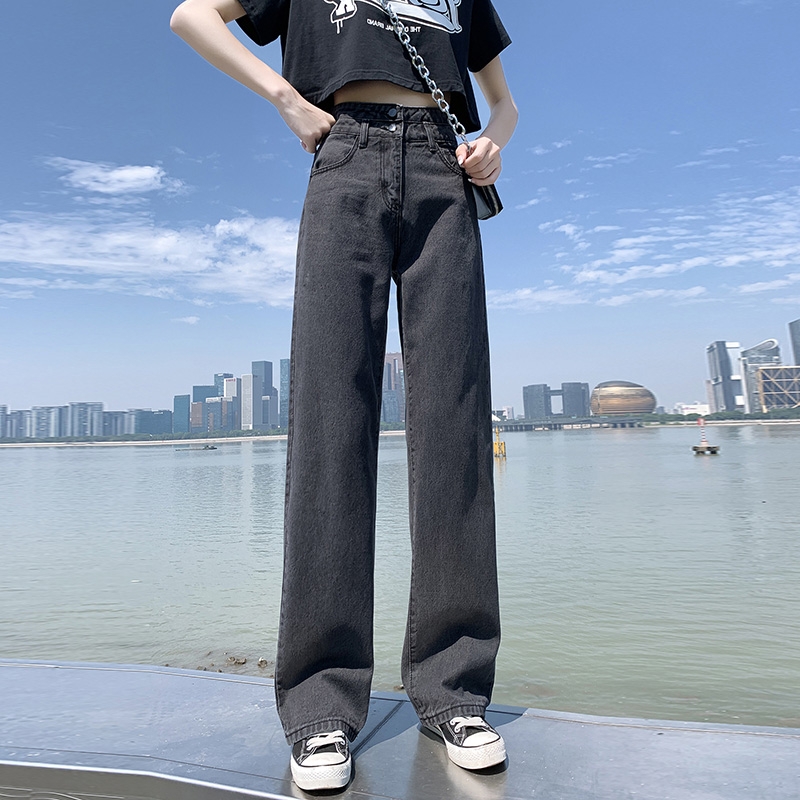 Quần bò jean ống rộng nữ màu xám khói lưng siêu cao 2 nút form dài rộng, mẫu mới siêu hót tại Pinky79shop jnm05