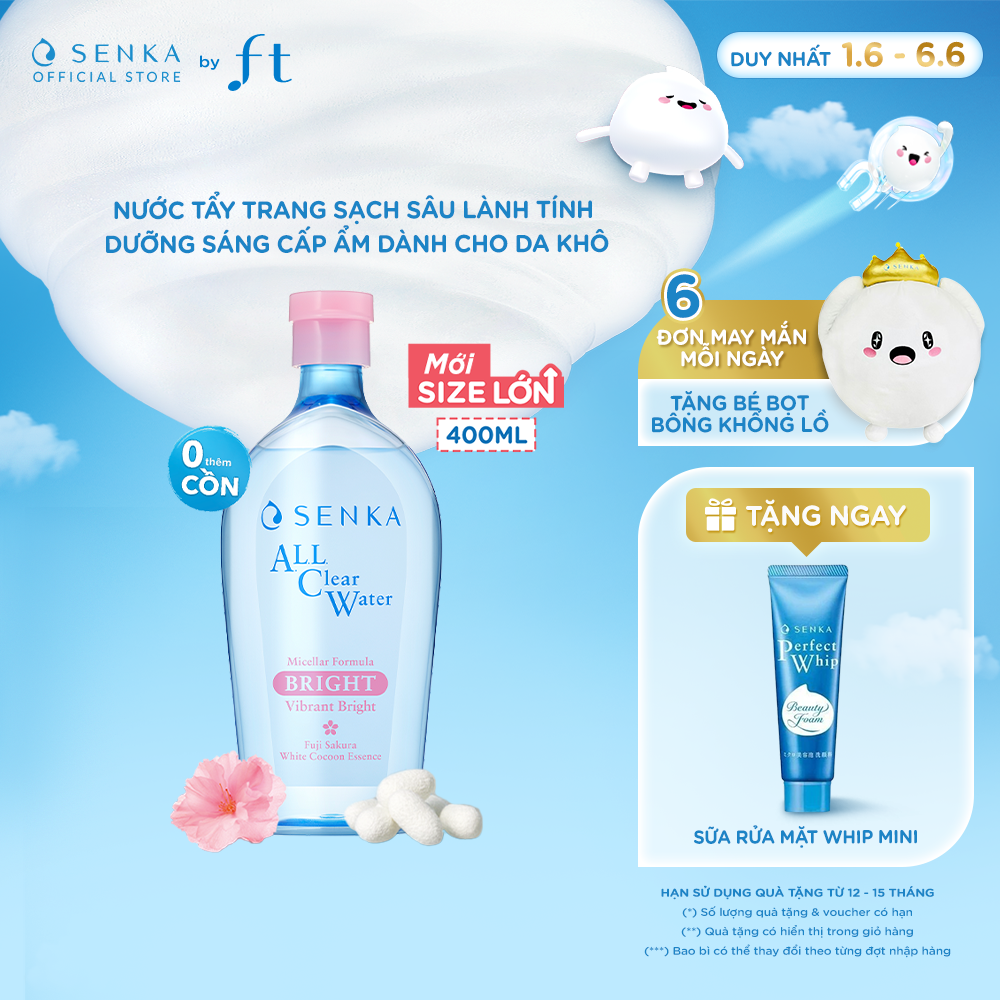 Nước tẩy trang micellar dưỡng sáng cấp ẩm SENKA A.L.L. CLEAR WATER MICELLAR FORMULA BRIGHT N 400ML