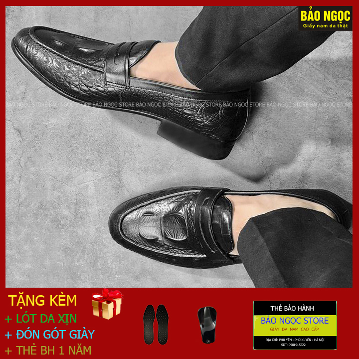 Giày Lười Nam Dập Vân Cá Sấu - Da Bò Nguyên Tấm 100% - Đế Cao Su Đúc Mềm - Hàng Xuất Dư - Mã K3566 Đen