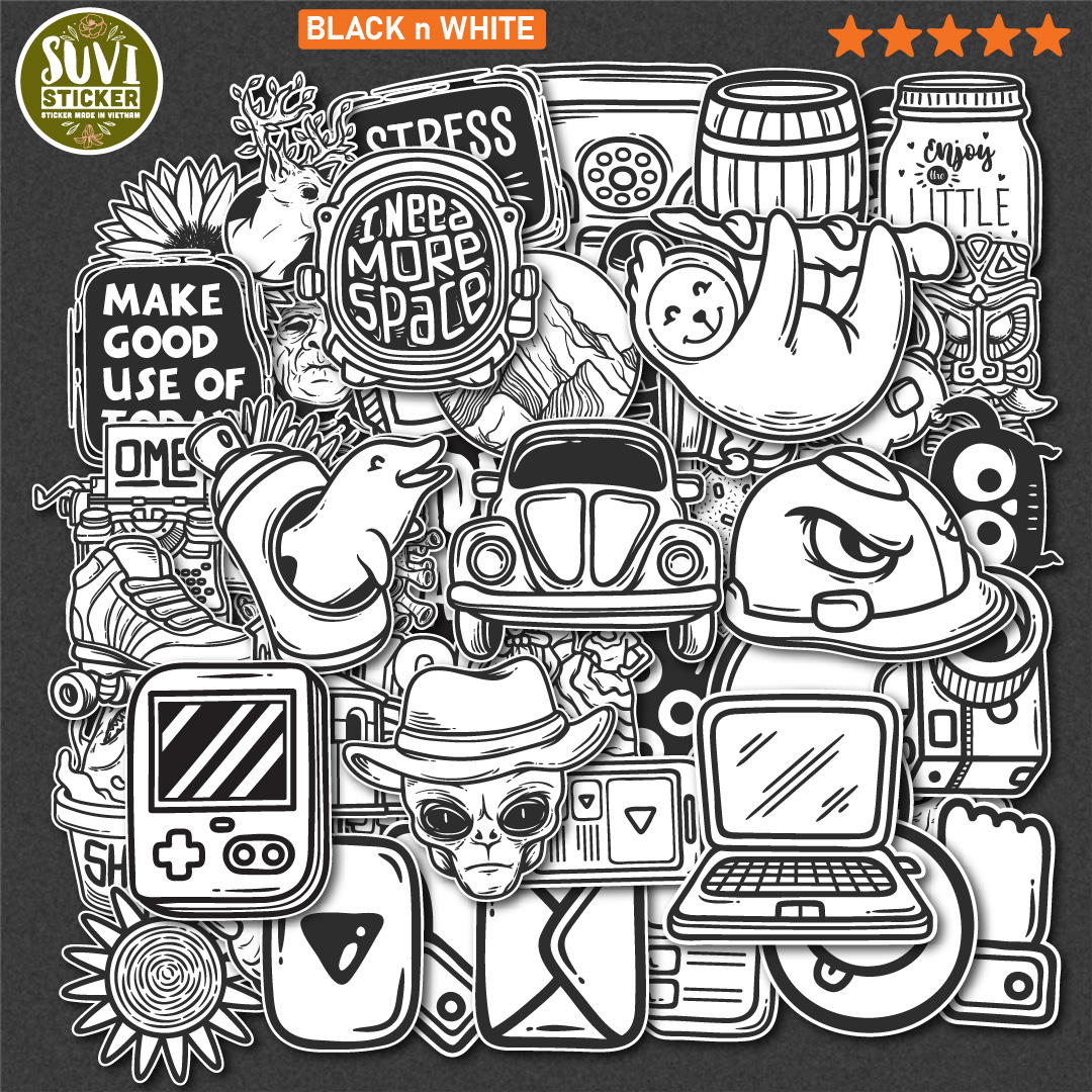 Sticker Trắng Đen 2 chống nước dán laptop, điện thoại, đàn guitar, mũ bảo hiểm. MSP: C08