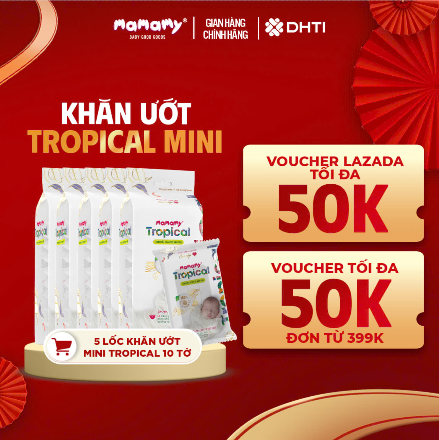 Khăn ướt Mamamy Tropical lốc 10 gói mini 10 tờ bỏ túi cho mẹ và bé, 100% sợi tự nhiên và rayon, tinh