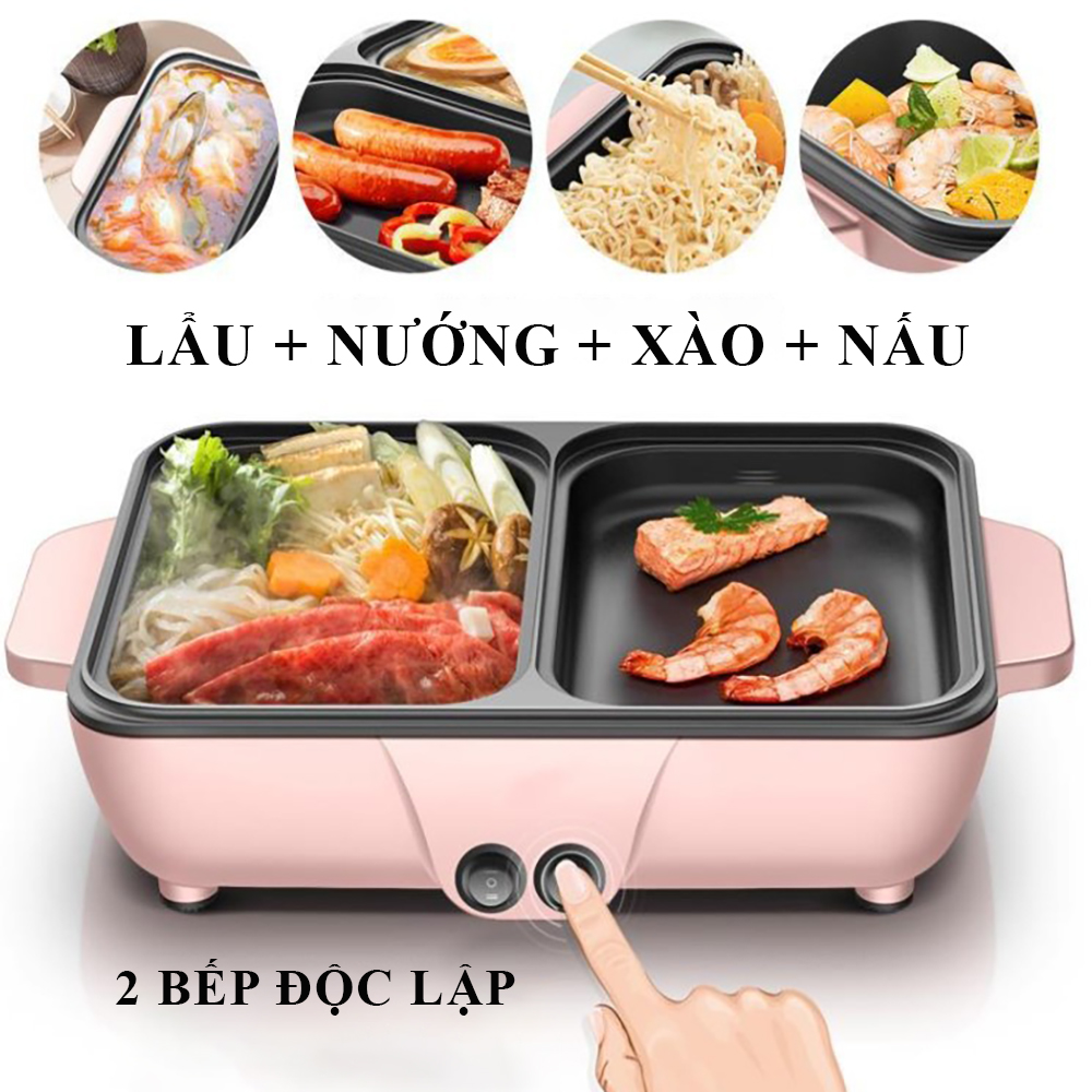 Nồi lẩu nướng 2 ngăn mini tiện lợi, đa năng dùng nấu lẩu, nướng, xào nấu ,2 bếp riêng biệt, Bếp điện đa năng, tiết kiệm năng lượng. Bảo hành 1 năm