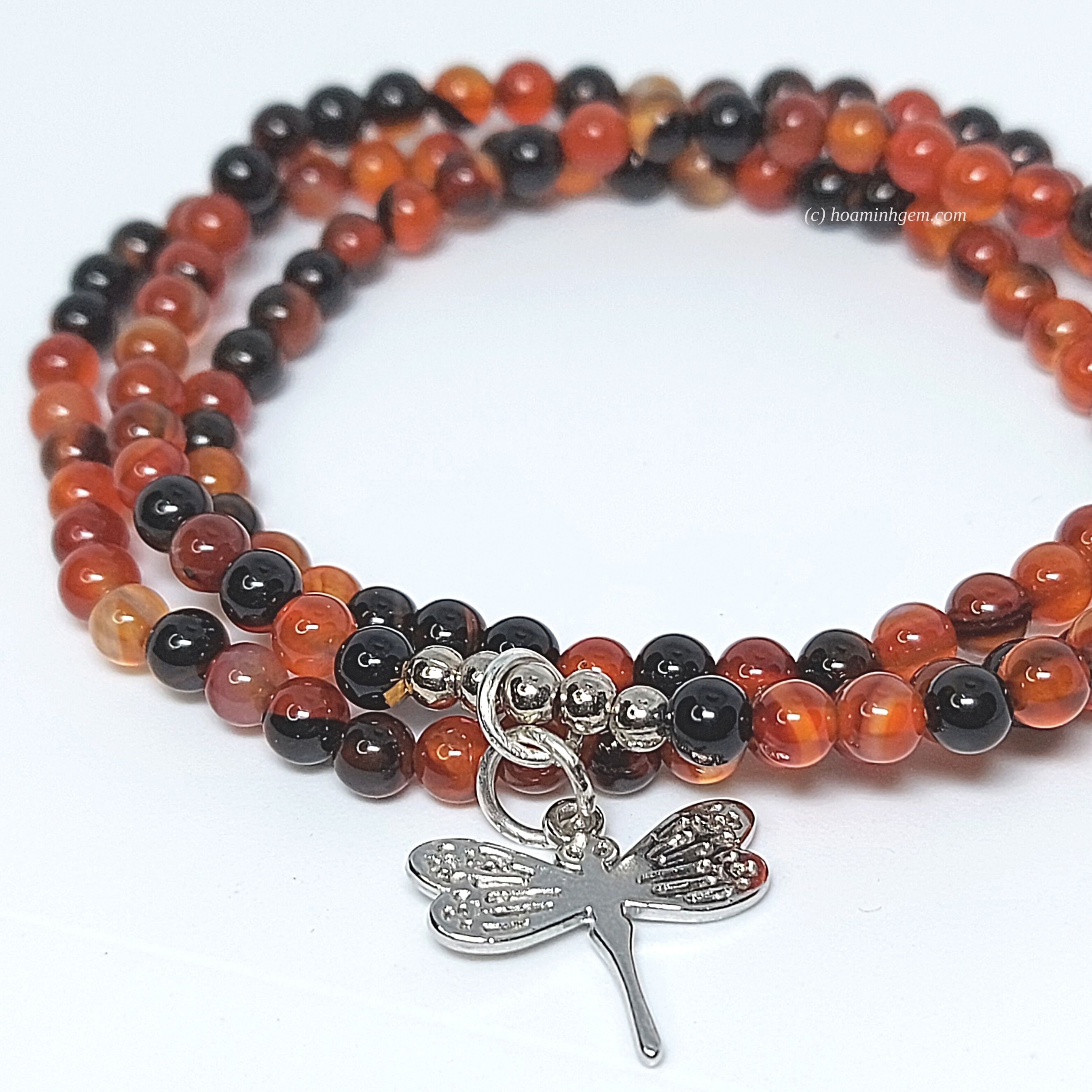 [GIẢM 50%] Vòng Quấn 3 hạt đá Mã Não Ảo Mộng mini size 4 li Phối Charm Chuồn Chuồn | Hoa Minh Gem