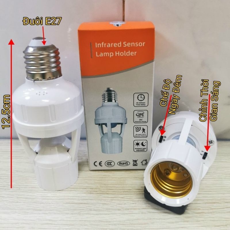 Đui đèn cảm ứng chuyển động cảm biến hồng ngoại PIR thông minh tự động bật sáng khi có người đi qua