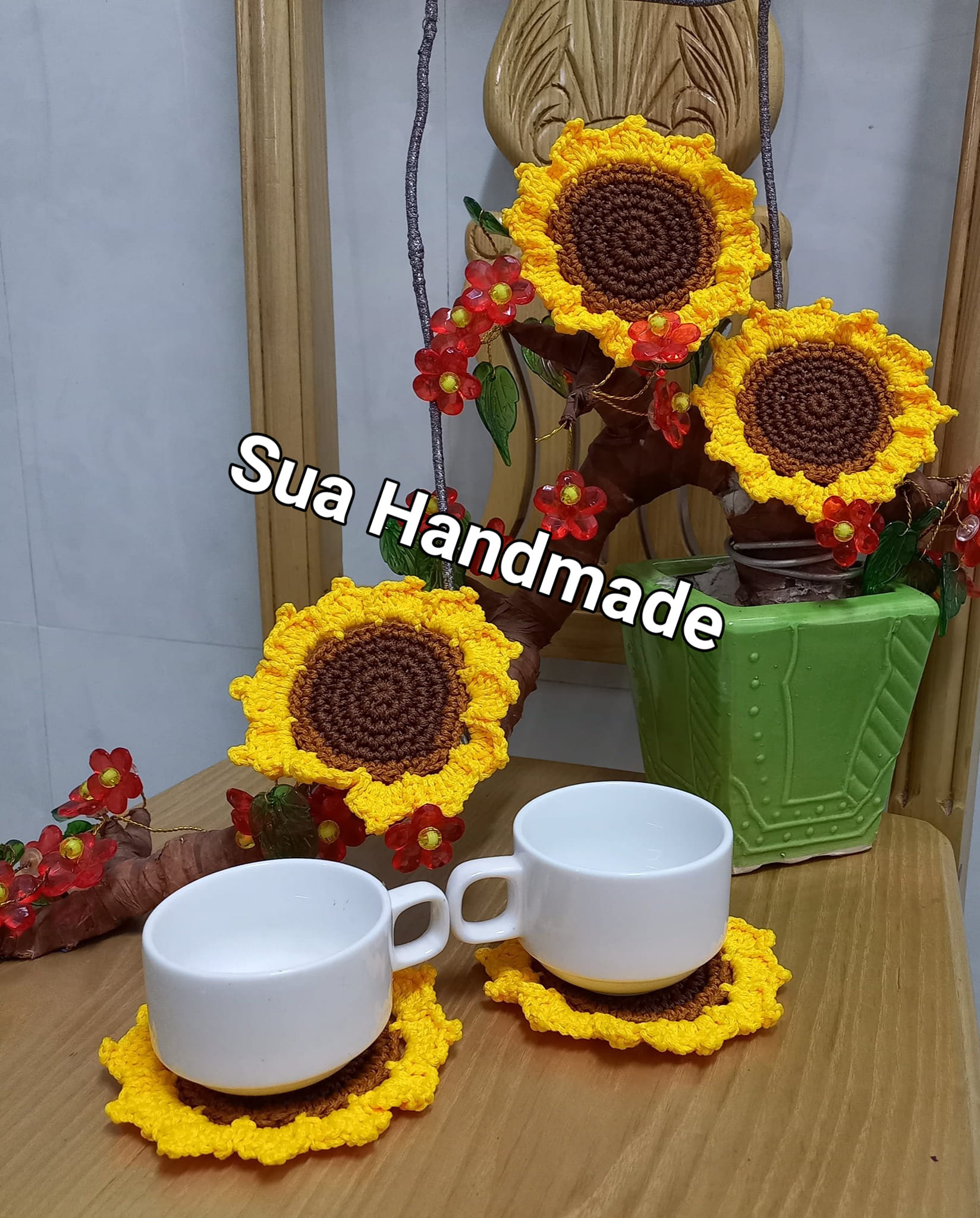 Combo 10 tấm lót ly hoa hướng dương handmade chất liệu sợi dệt Việt Nam