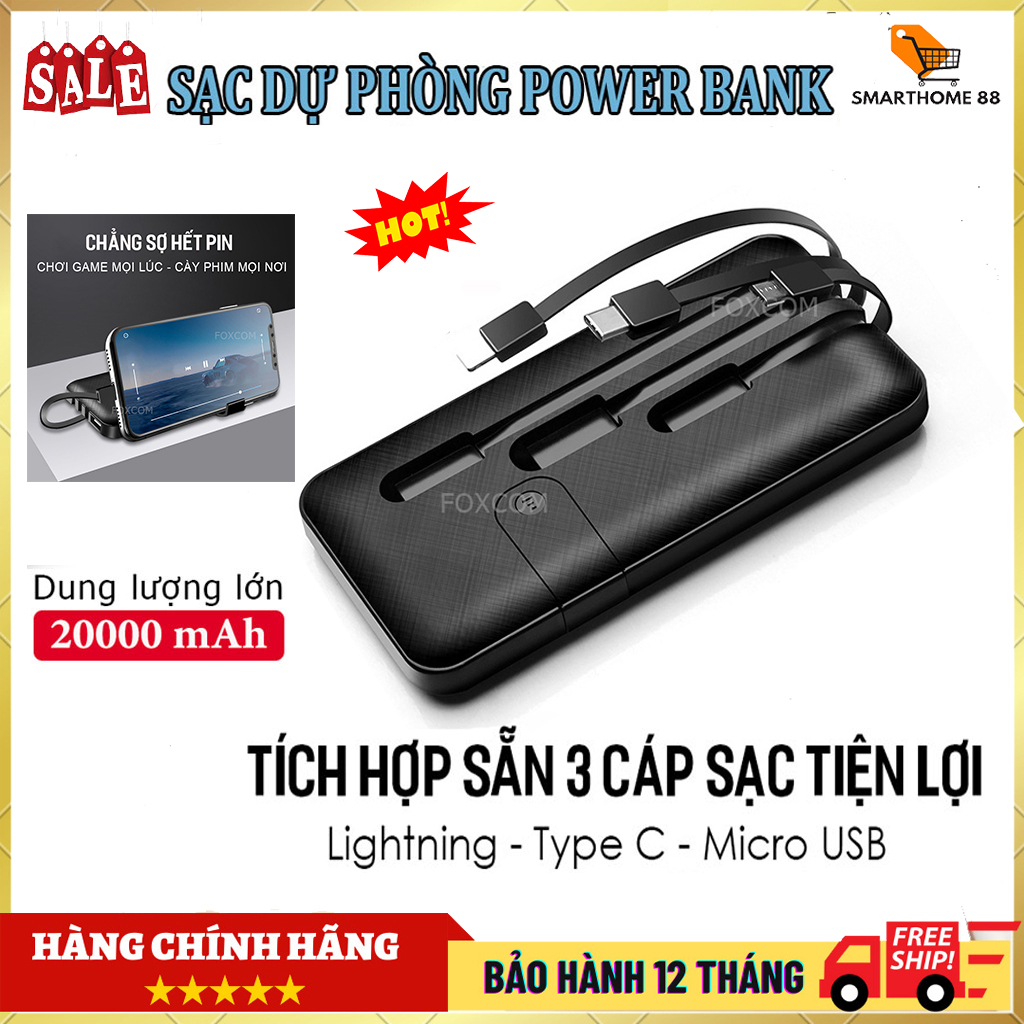 Sạc dự phòng power bank 20000mah, sạc dự phòng không dây, sạc dự phòng đa năng, sạc dự phòng chính hãng kèm 3 đầu dây sạc, màm hình led hiển thị phầm trăm pin sạc nhanh, cục sạc dự phòng, sac du phong