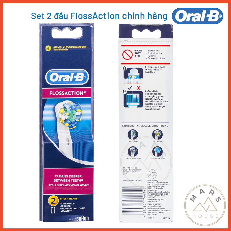 Vỉ 2 đầu bàn chải điện Oral-B Braun FlossAction chính hãng