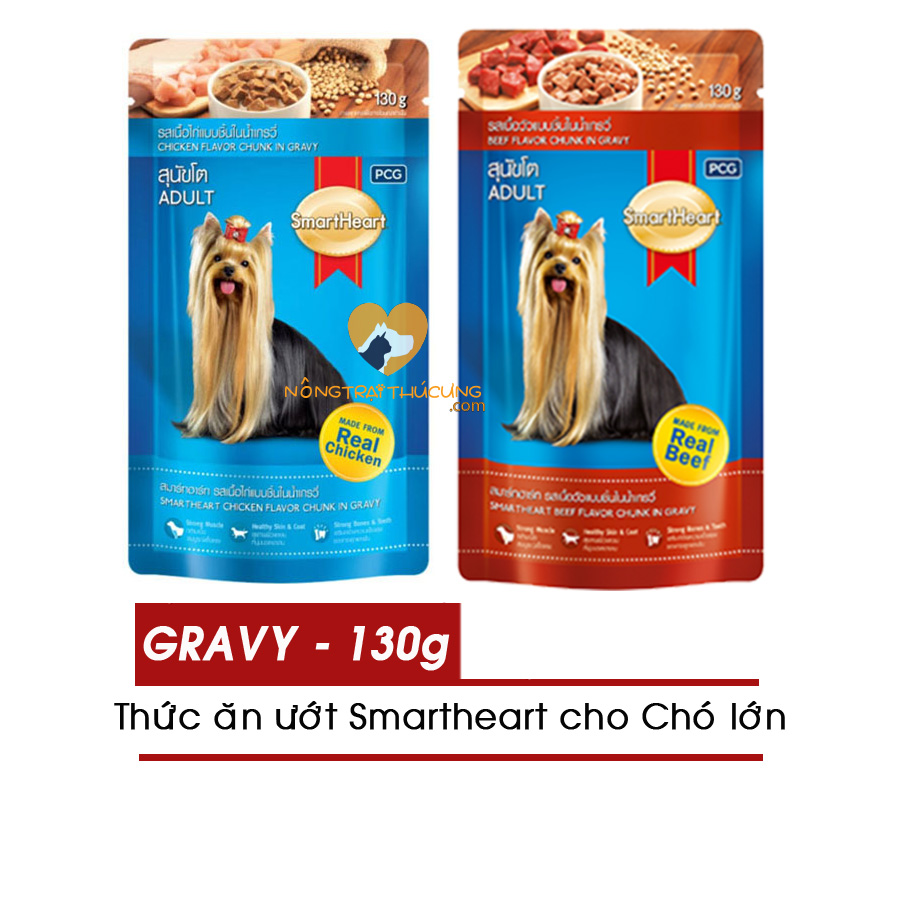 Pate SmartHeart Vị Gà, Vị Bò Dạng Sốt Cho Chó Lớn  Gói 130G- SmartHeart Chicken & Beef Flavor Chunk In Gravy - [Nông Trại Thú Cưng]