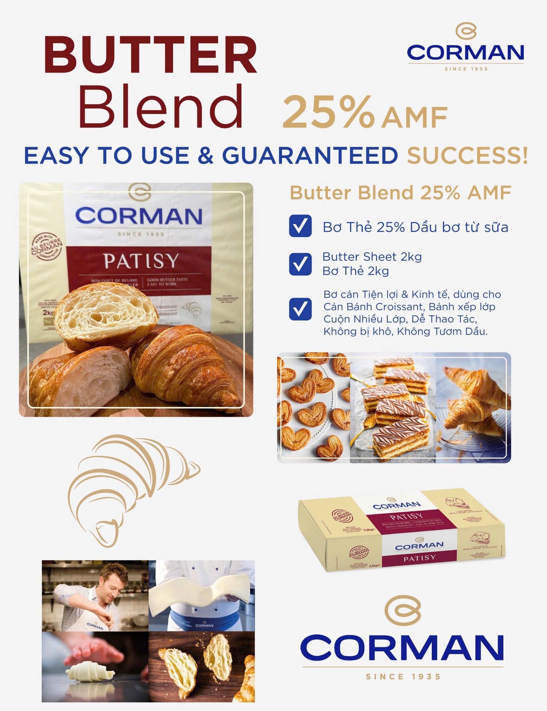 Bơ Corman Patisy Tourage 25% AMF – Bơ dùng làm bánh Croissant & bánh can lớp – Bơ của Bỉ Belgium Bơ Thẻ 2kg
