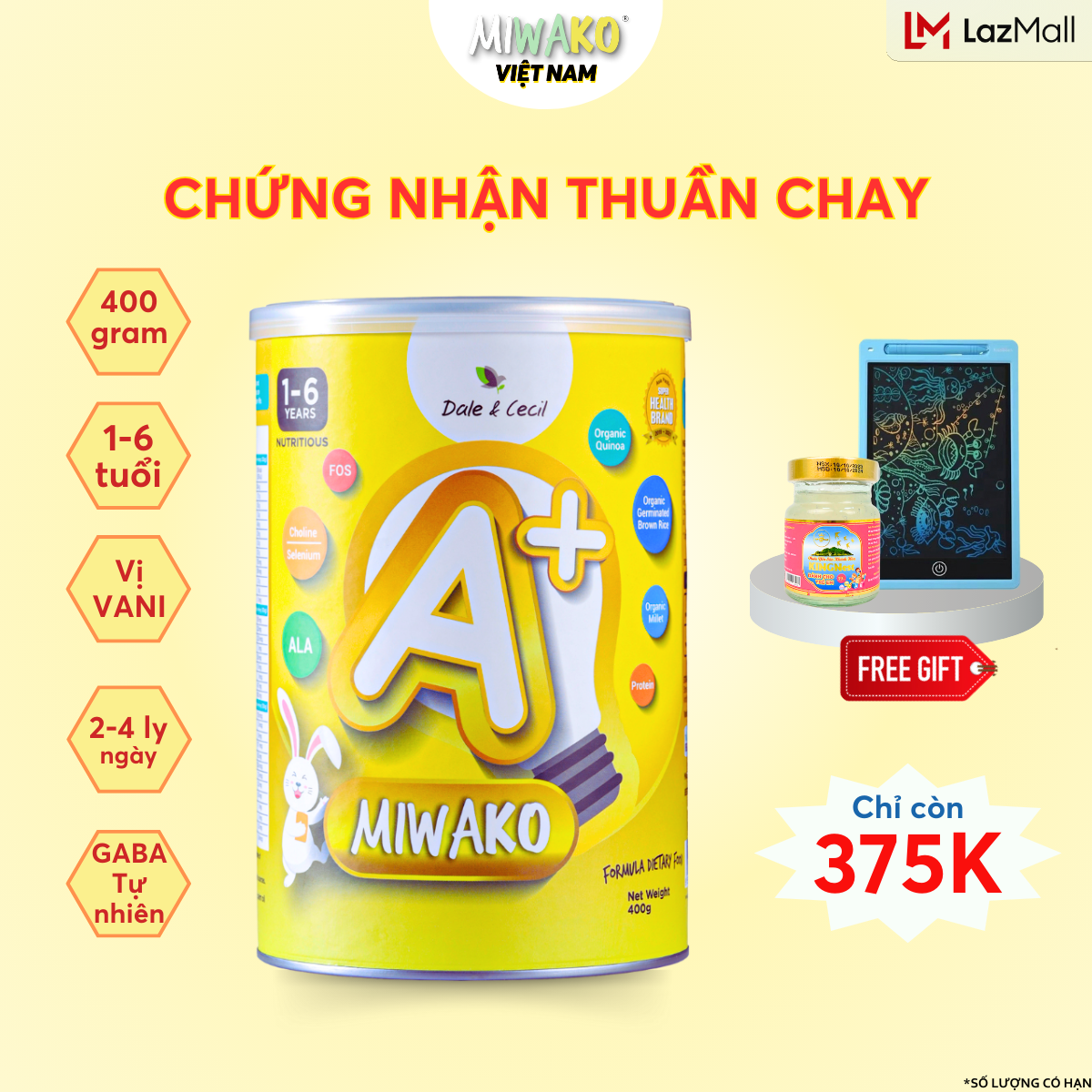 Sữa thực vật hữu cơ miwako a+ nhập khẩu malaysia đạt chuẩn sữa công thức cho trẻ từ 1-6 tuổi lon 400g