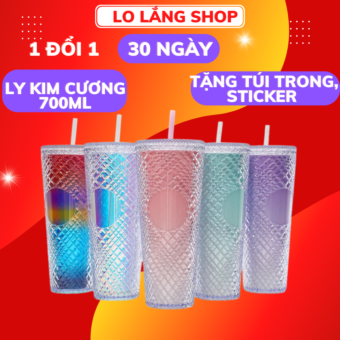 Ly nhựa kim cương 700ml tặng stiker và túi trong ly 2 lớp cách nhiệt nhựa PP nắp đậy kín hỗ trợ giữ 