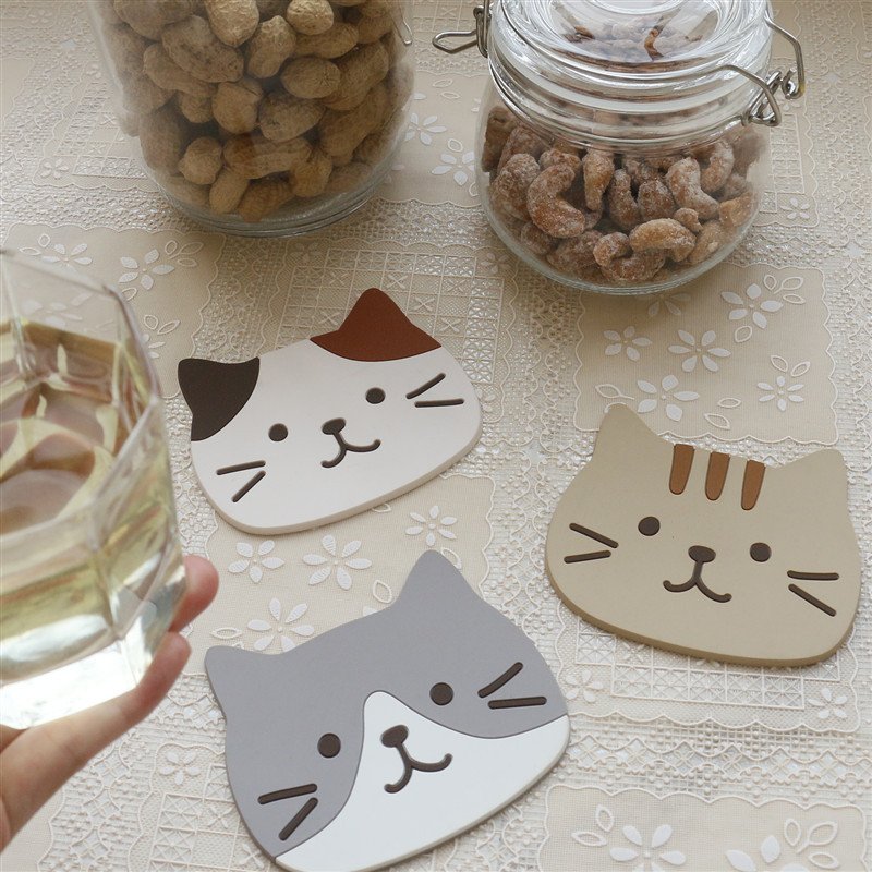 Miếng lót ly hình 3 chú mèo dễ thương đáng yêu bằng silicon cute decor trang trí chó mèo xinh xắn