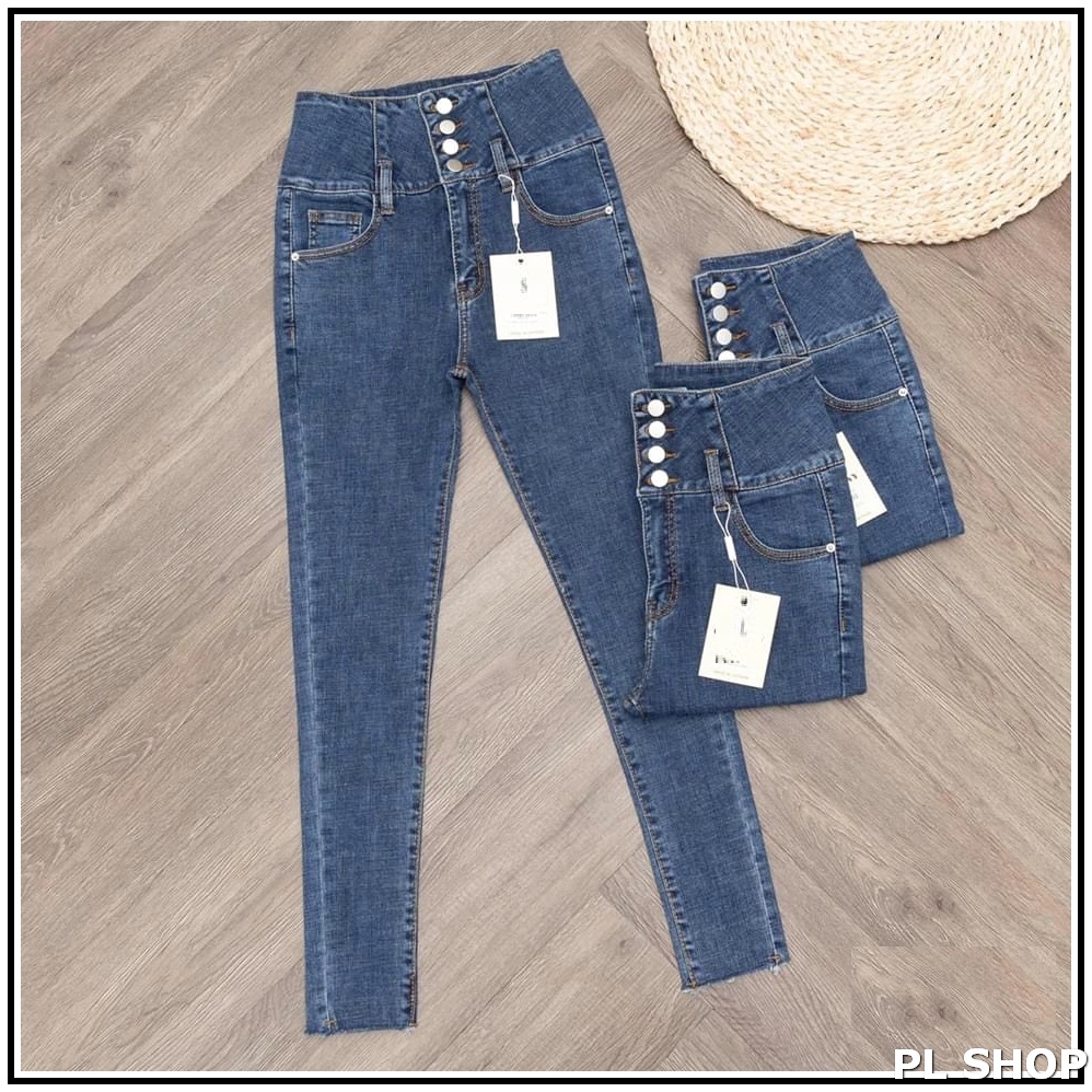 quần jean nữ lưng cao PHỐI 4 CÚC TRƯỚC MÀU XANH chất đẹp siêu hot,  chất giãn tốt 4khuy--6