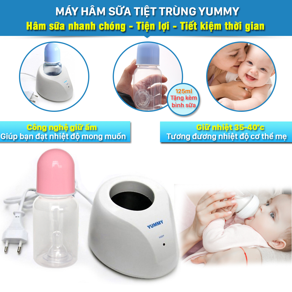 Máy hâm sữa, máy hâm sữa Yummy, giúp hâm ủ sữa, tiệt trùng, giữ sữa ở nhiệt độ ổn định 35°c -40°c. Máy ủ sữa làm nóng trực tiếp bình sữa nhờ đế nhiệt, không sử dụng nước, giữ lại nguyên vẹn dinh dưỡng.