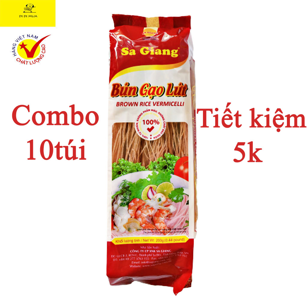 COMBO 10 túi Bún gạo lứt Sa Giang 200gram (túi đỏ), dai ngon, chất lượng hảo hạng