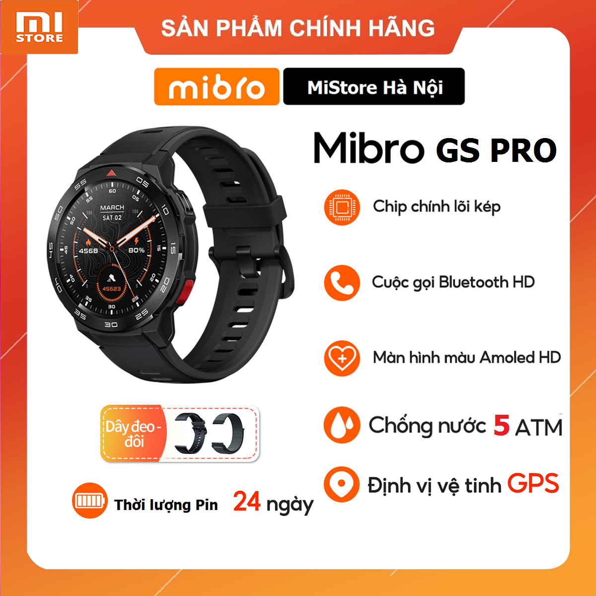 Đồng hồ thông minh nghe gọi Mibro Watch GS Pro - Màn hình Amoled HD GPS tập luyện kháng nước 5ATM