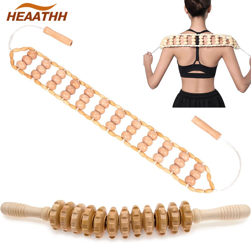Wooden Curved Massage Roller Stick Back Massage Roller Rope For Body Shaping, Muscle Pain Relief, Colombiana, Anti-Cellulite