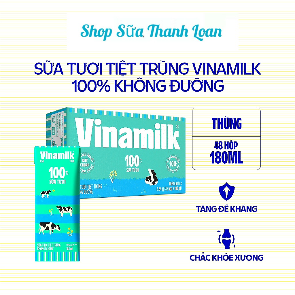 (HSD T12-2024) Thùng 48 Hộp Sữa Tươi Tiệt Trùng Vinamilk 100% Không Đường 180ml.