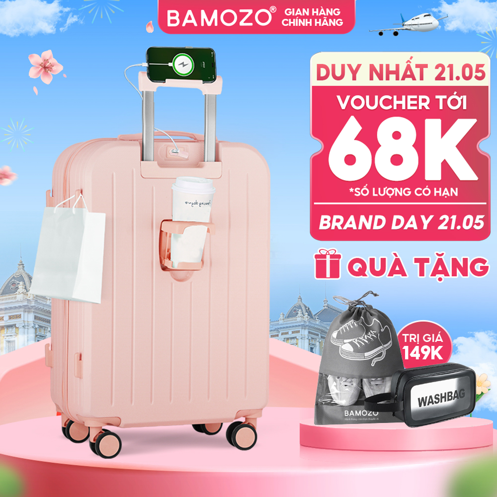 Vali kéo Du Lịch Bamozo 8812 màu Hồng Thời Trang Size 20 24 Chất Liệu Nhựa ABS Bền Đẹp Bảo Hành 5 Năm