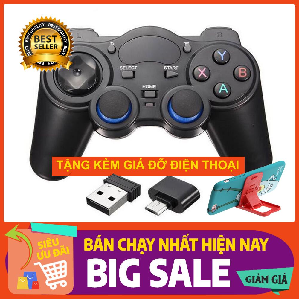 Tay cầm chơi game không dây wireless 2.4G cho Android TV, điện thoại Android, PC, TV Box, PS3 (tặng kèm giá đỡ điện thoại)