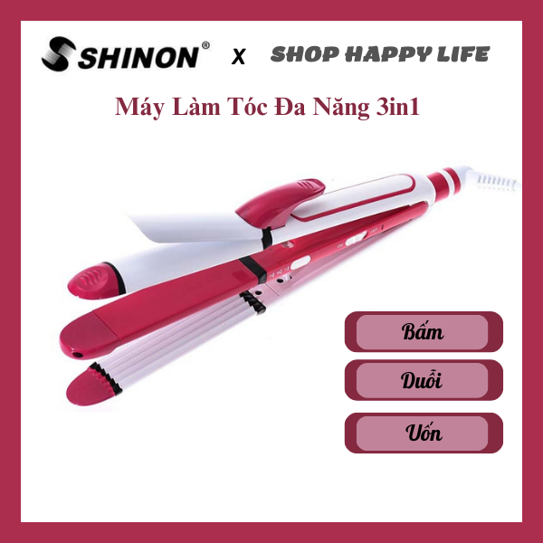 Máy làm tóc shinon đa năng 3in1 cao cấp dễ dàng bấm-duỗi-uốn màu hồng