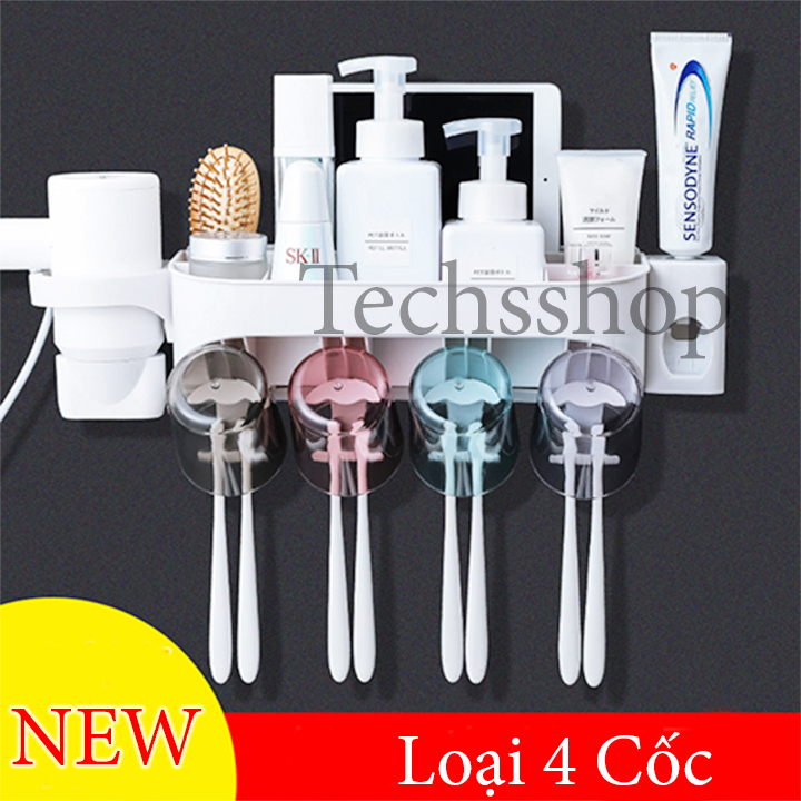 Kệ nhả kem đánh răng tự động kèm 4 cốc RA853B có khay để máy sấy tóc - Kệ nhà tắm dán tường để dầu gội sữa tắm - Kệ để đồ dùng nhà tắm - Kệ treo bàn chải - kệ nhà vệ sinh đa năng