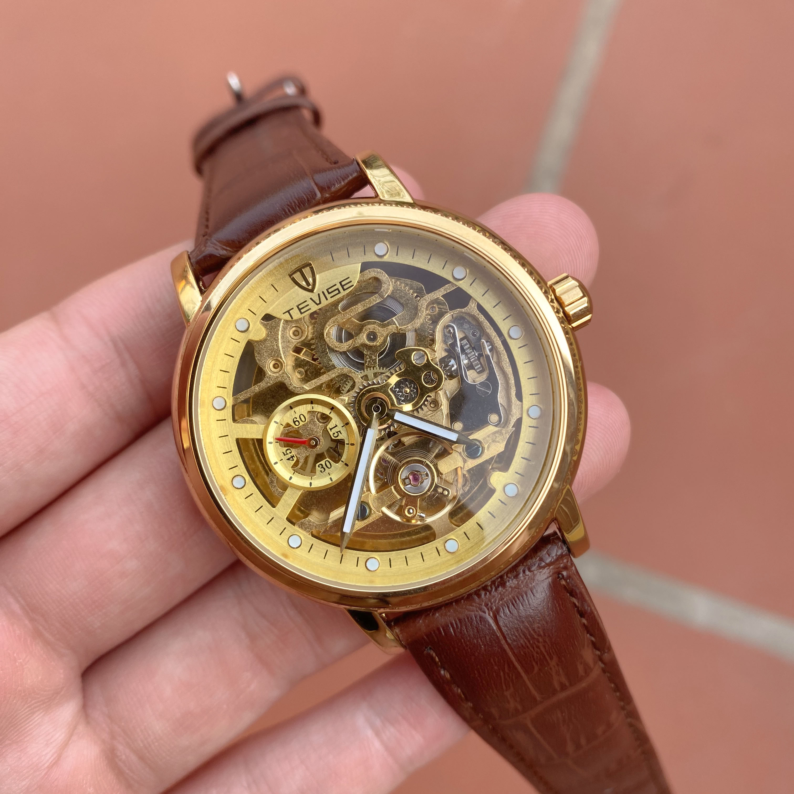Đồng hồ cơ nam dây da, máy automatic Tevise T8612B-2 full box, bảo hành toàn quốc 1 năm
