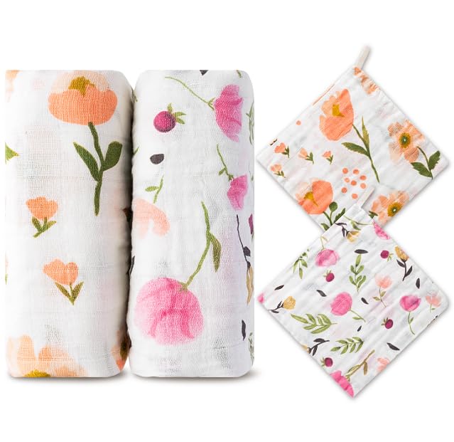 Zainpe 4Pcs Baby Muslin Swaddle Blankets & Washcloth Set Floral Soft Breathable Swaddling Wrap Nursery Receiving Blankets for Boys Girls Newborn Essential