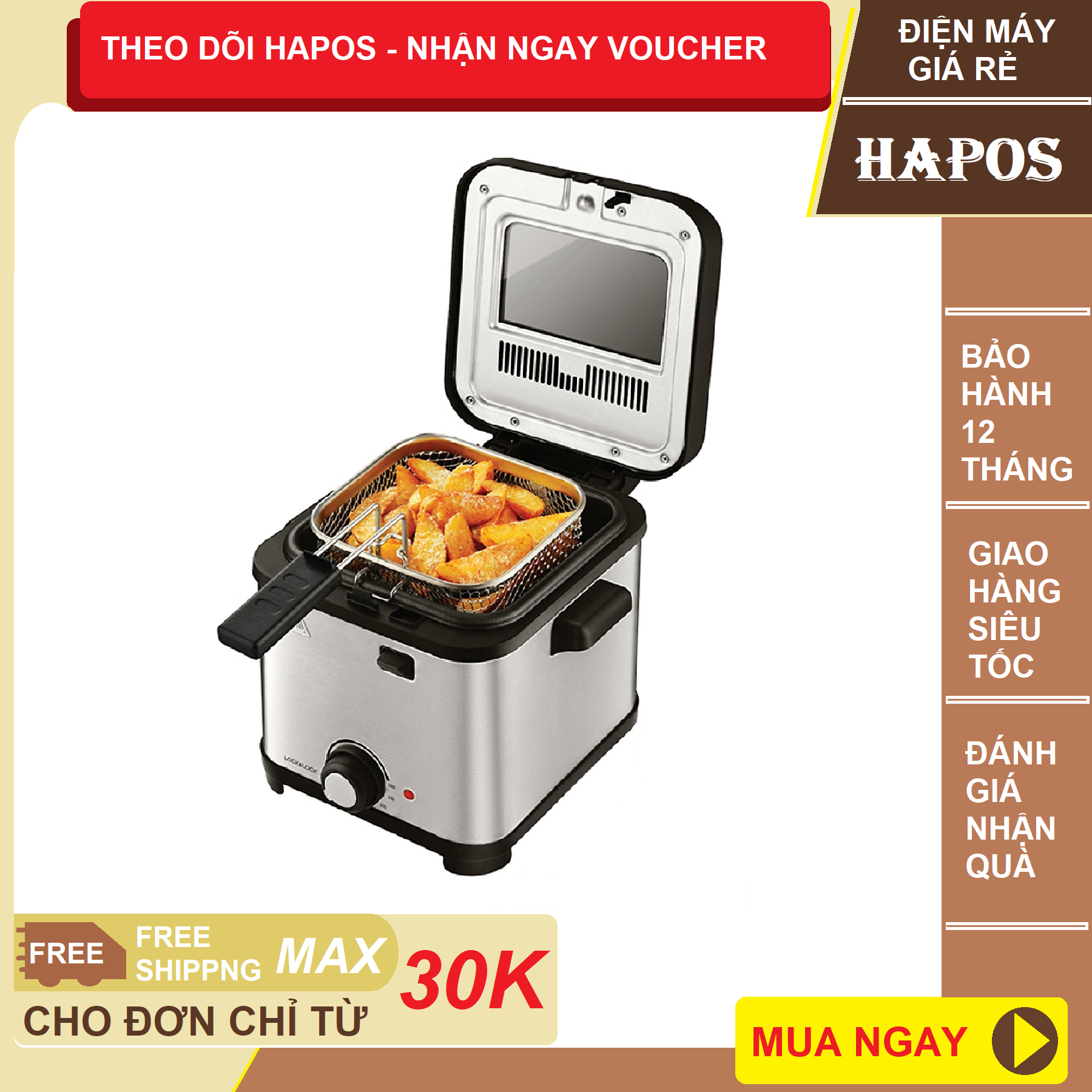 Nồi chiên ngập dầu Lock&Lock EJF716SLV (1.5 Lít) - Chiên giòn khoai/Thực phẩm ngập dầu - Công suất 800-900W 1.5L - Màu bạc