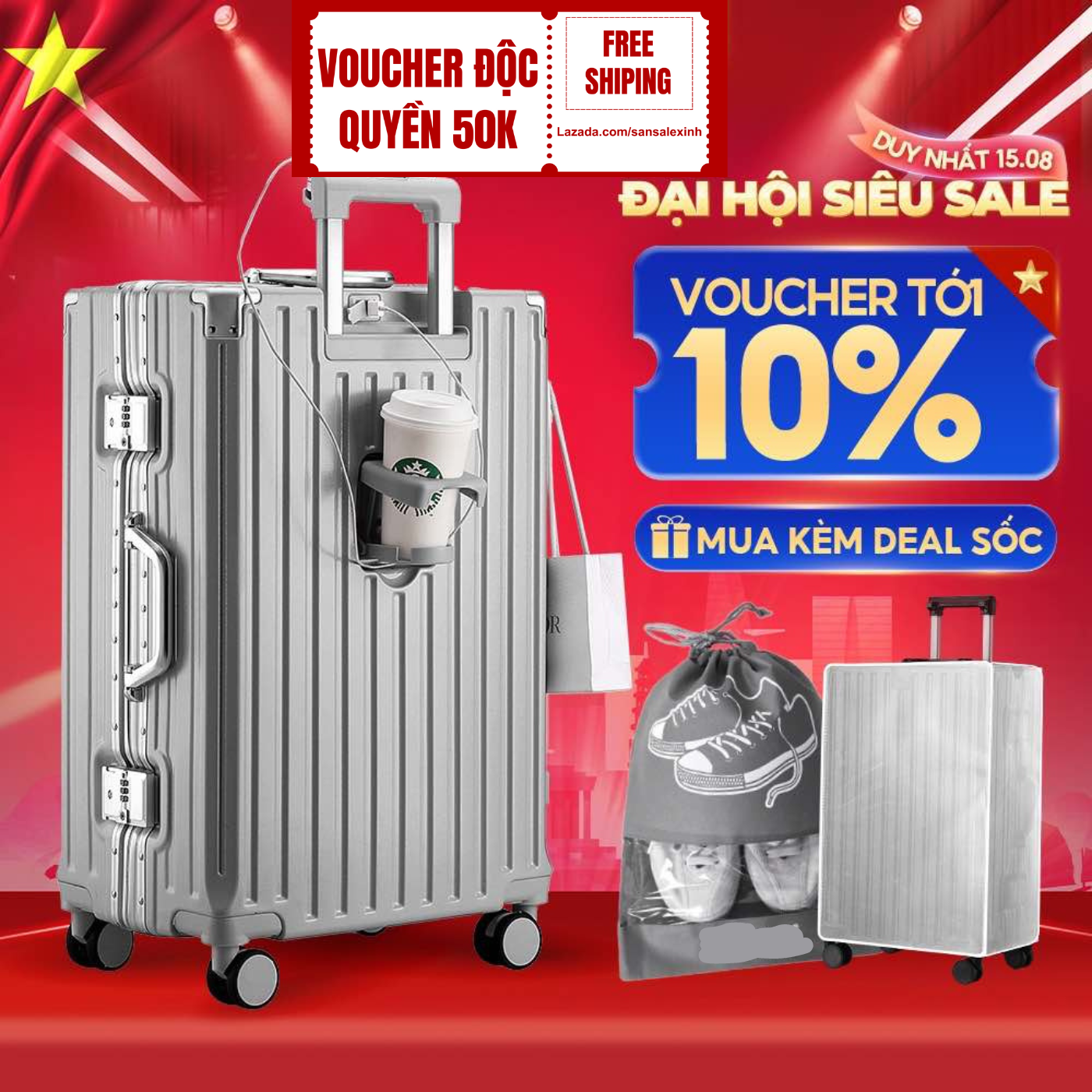 Vali kéo du lịch cao cấp, Vali khung nhôm khay đựng cốc, Vali kéo du lịch thời trang