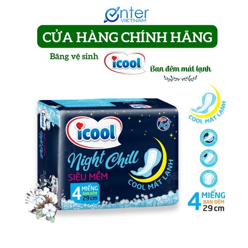 [Hàng Chính Hãng] Băng vệ sinh ICOOL Chill ban đêm dài 29cm BVS đêm có cánh khô thoáng kháng khuẩn, chống tràn
