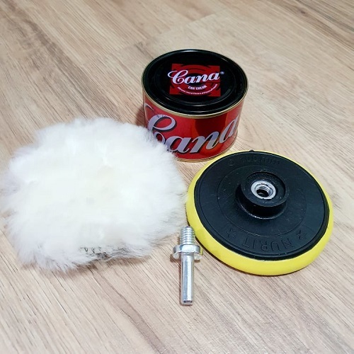 Bộ 4 Gồm Dụng Cụ Gắn Máy Mài Cầm Tay Đánh Bóng Xe Bông Và Đế Phớt 10cm Cốt M10 + Hộp Cà Na 100g