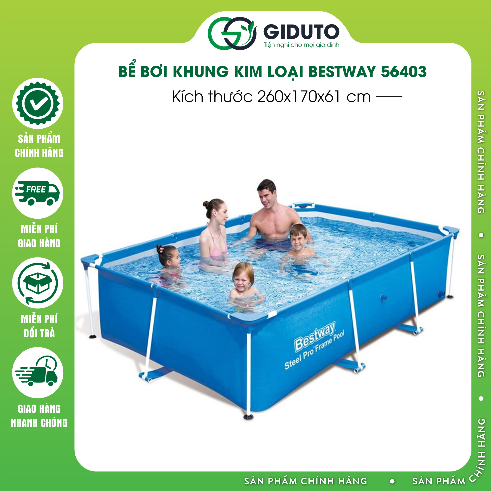 Bể bơi khung chống kim loại Bestway 56403 260cm x 170cm x 61cm, tặng 100