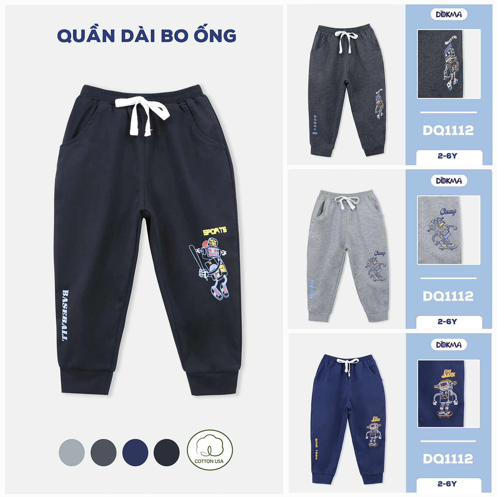 Quần dài bo ống bé trai Dokma - chất cotton hữu cơ mềm mịn, thoáng khí