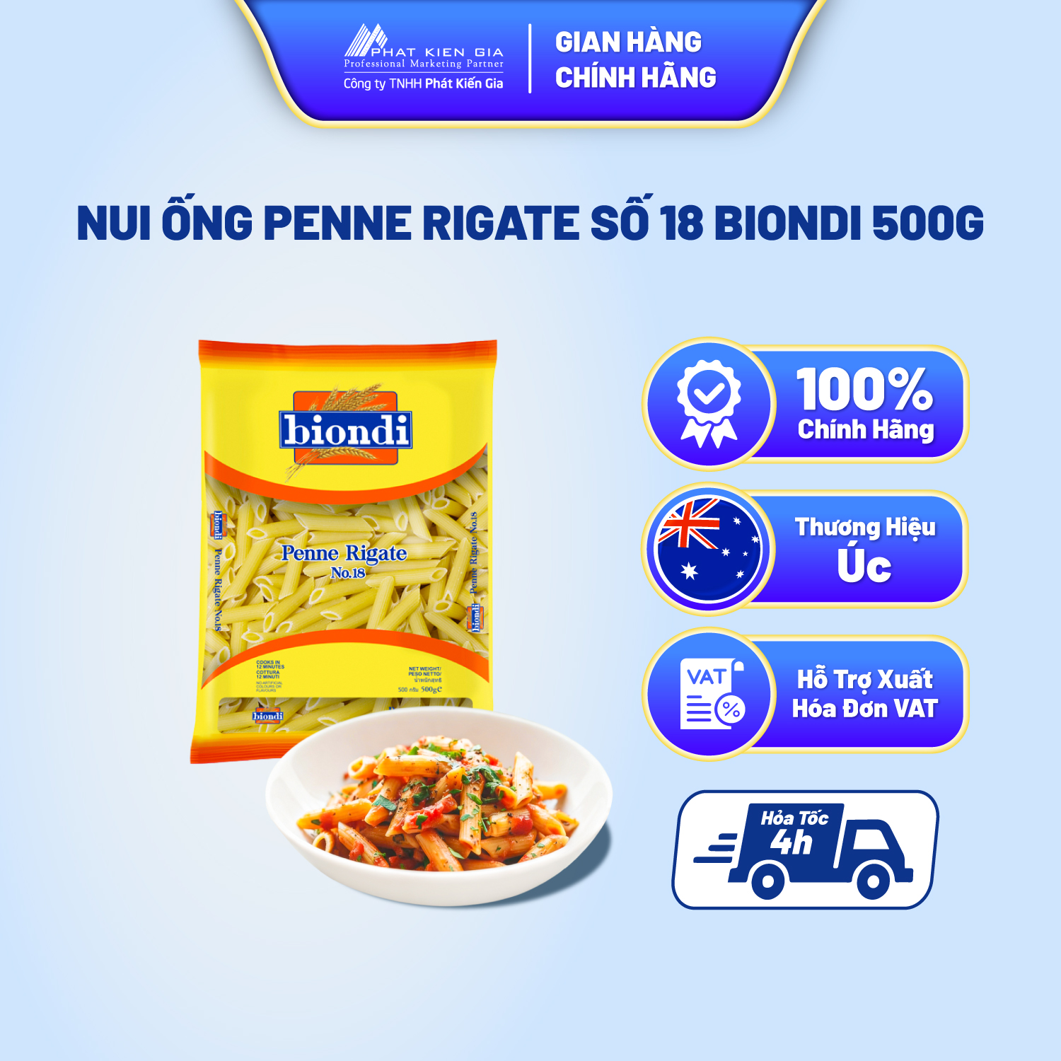 Nui Ống Penne Rigate Số 18 Biondi 500g - Thương Hiệu Úc, SX Thái Lan | Biondi Penne Rigate No.18 500g