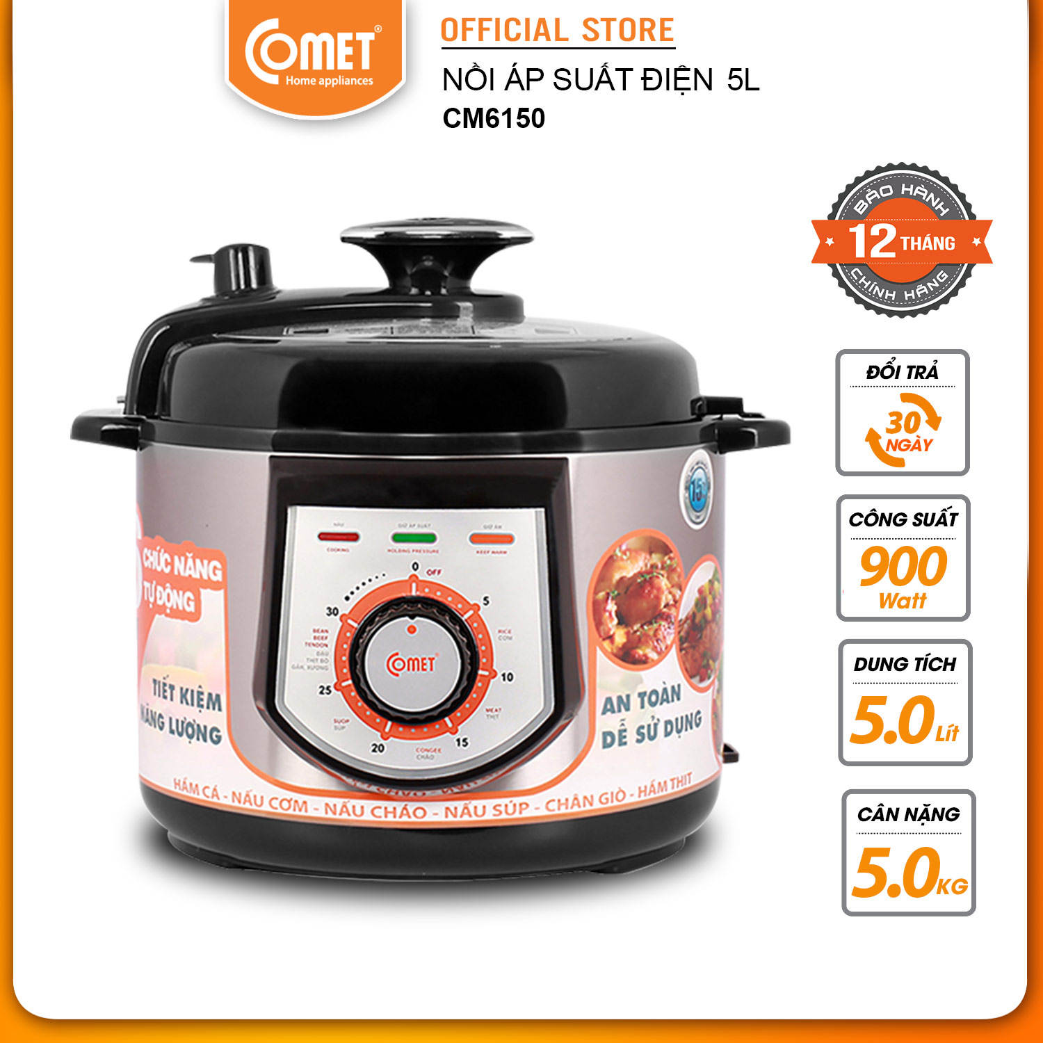 Nồi áp suất đa năng COMET - CM6150 5.0L - Hàng Chính Hãng - Bảo hành 12 tháng