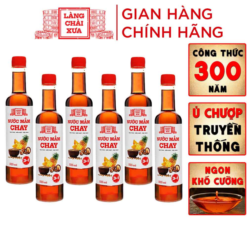 Thùng 6 Chai Nước mắm chay 3 trong 1 Làng Chài Xưa 525ml trái thơm nấm ngọt đậu nành 300 năm truyền thống an toàn vệ sinh thực phẩm, rất thơm ngon, dịu vị