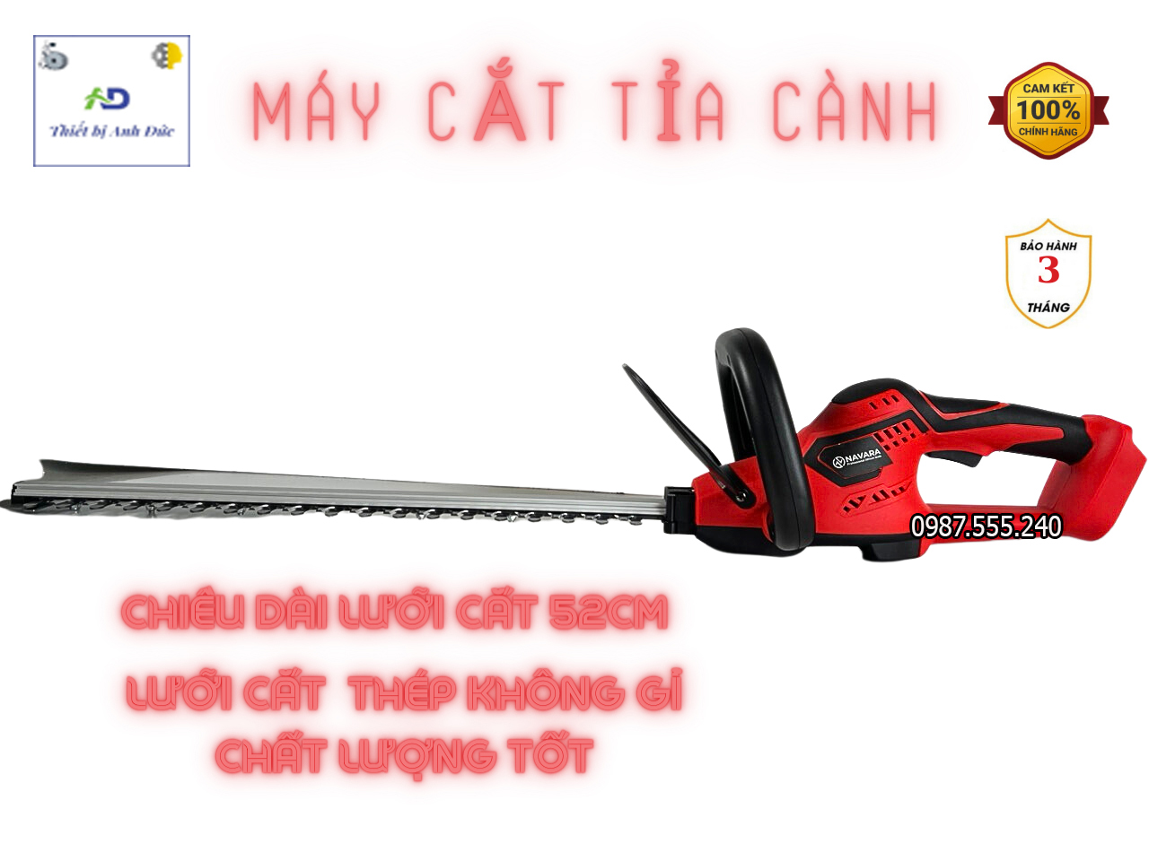 Máy cắt tỉa hàng rào cây cảnh dùng pin 18V - 21V, máy cắt hàng rào ,lưỡi bằng thép sk5 cho khả năng cắt tỉa chắc chắn