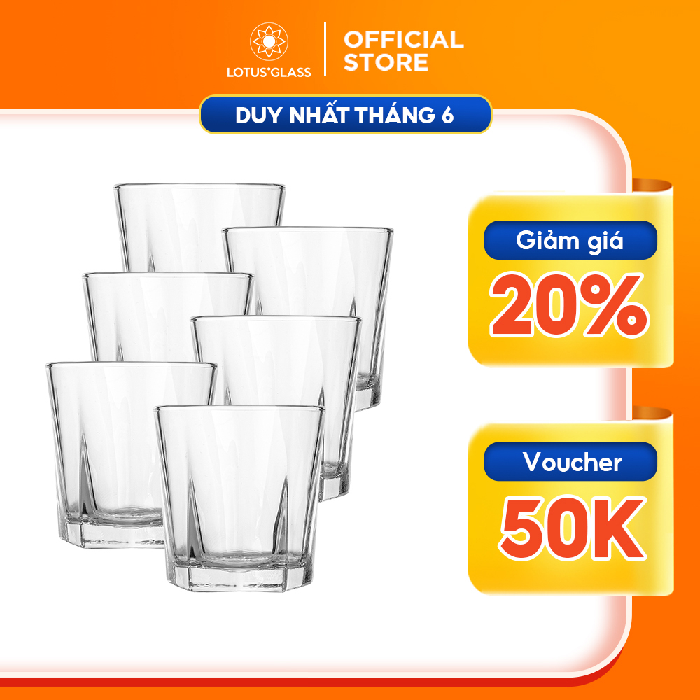 Bộ 6 cốc 5 cạnh thủy tinh LOTUS GLASS VTC60x trong suốt cao cấp, an toàn, dùng để uống nước